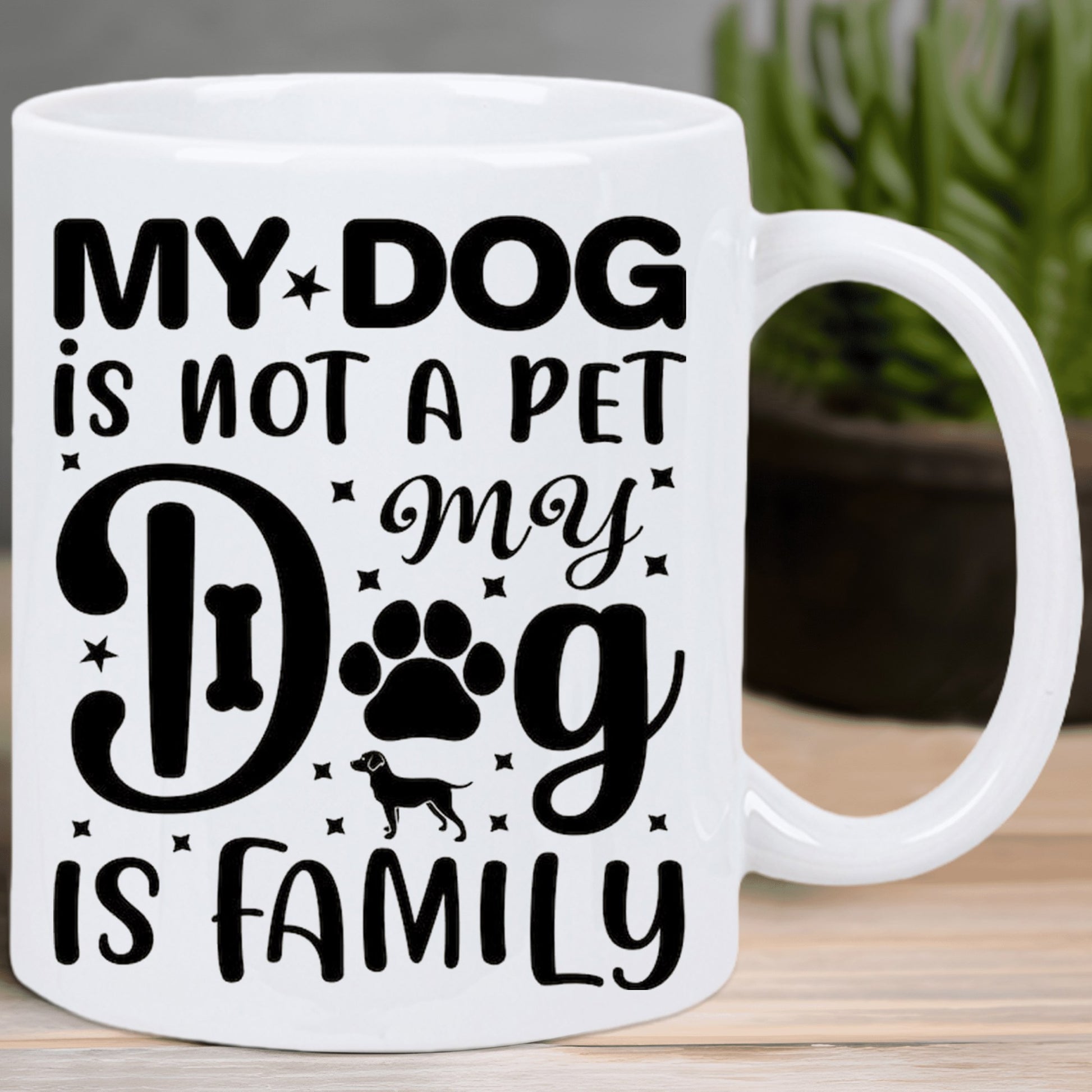 Tailorly White Ceramic 11 oz Mug - My Dog Is Not A Pet My Dog Is Family Minimalist Black Silhouette Featuring Stars And A Paw Print Dog