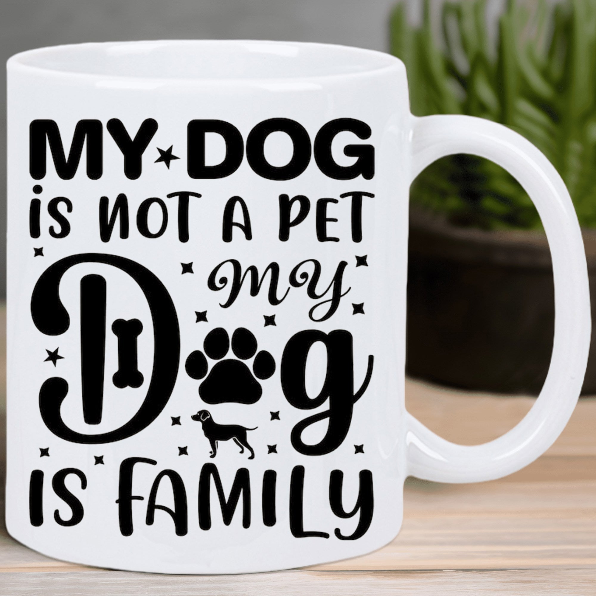 Tailorly White Ceramic 11 oz Mug - My Dog Is Not A Pet My Dog Is Family Minimalist Black Silhouette Featuring Stars And A Paw Print Dog