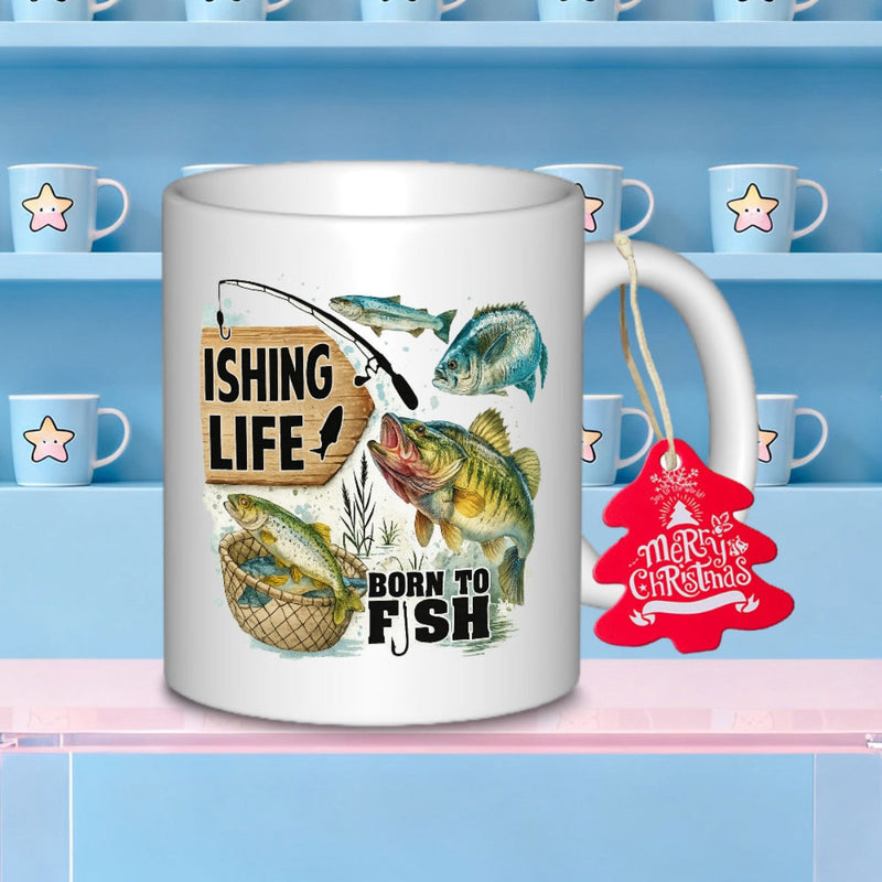 Tailorly White Ceramic 11 oz Mug - Fishing Life Born To Fish Detailed Various Species Of Fish Swimming Among Tackle And Net Fish