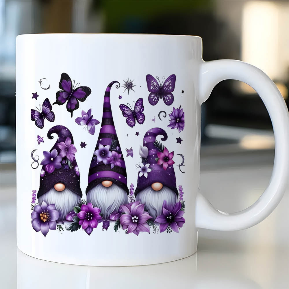 Tailorly White Ceramic 11 oz Mug - Three Purple Garden Characters Surrounded By Delicate Butterflies And Blooming Spring Floral Gnome
