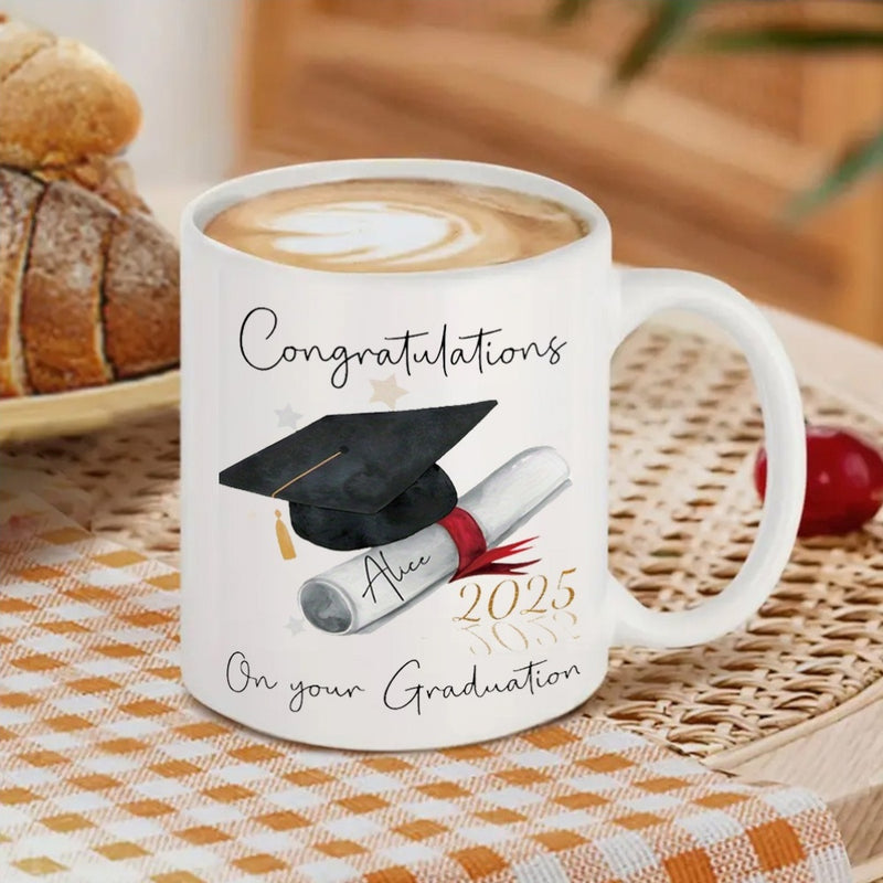 Tailorly White Ceramic 11 oz Mug - Congratulations Alice On Your Graduation 2025 Classic Black Mortarboard With Golden Tassel And Rolled Ribbon Tied Diploma