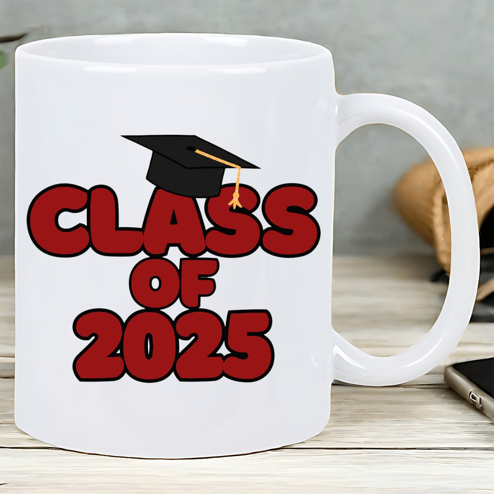 Tailorly White Ceramic 11 oz Mug - Class Of 2025 Bold Red Lettering Featuring A Classic Black Academic Graduation Cap Mortarboard