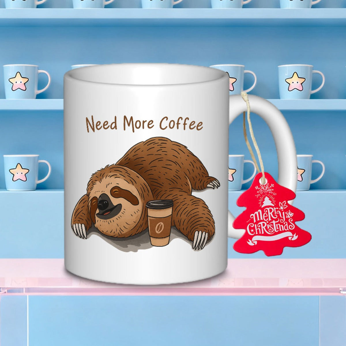 Tailorly White Ceramic 11 oz Mug - Need More Coffee Cute Brown Lazy Animal Resting Beside Warm Morning Drink Sloth