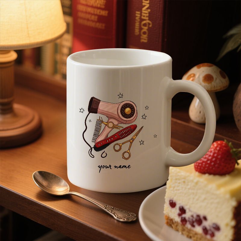 Tailorly White Ceramic 11 oz Mug - Your Name Professional Hand Drawn Beauty Salon Equipment Featuring Scissors And Comb Tools