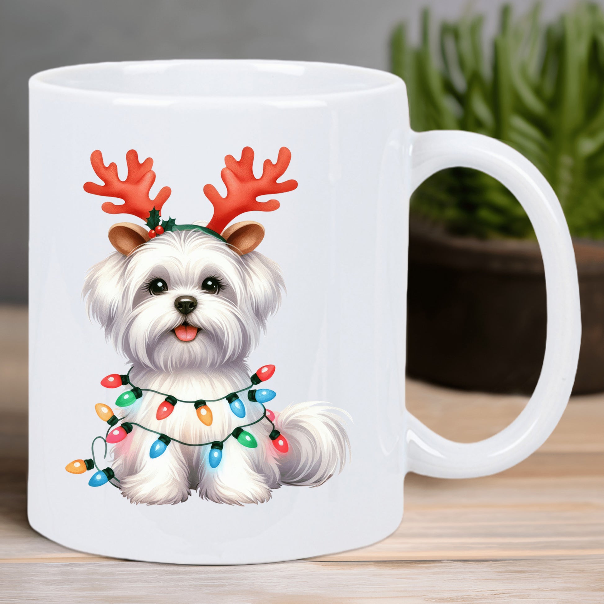 Tailorly White Ceramic 11 oz Mug - Adorable Fluffy Puppy Wearing Antlers Wrapped In Festive Colorful Lights Dog