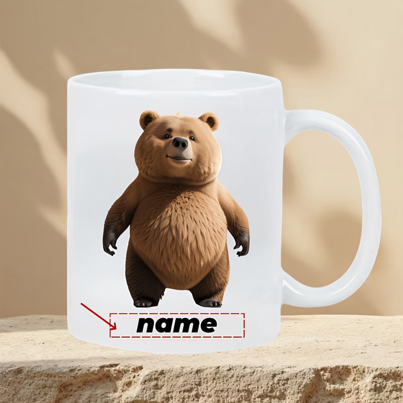 Tailorly White Ceramic 11 oz Mug - Name Standing Brown Grizzly With Fluffy Texture Rendered In Three Dimensional Style Bear