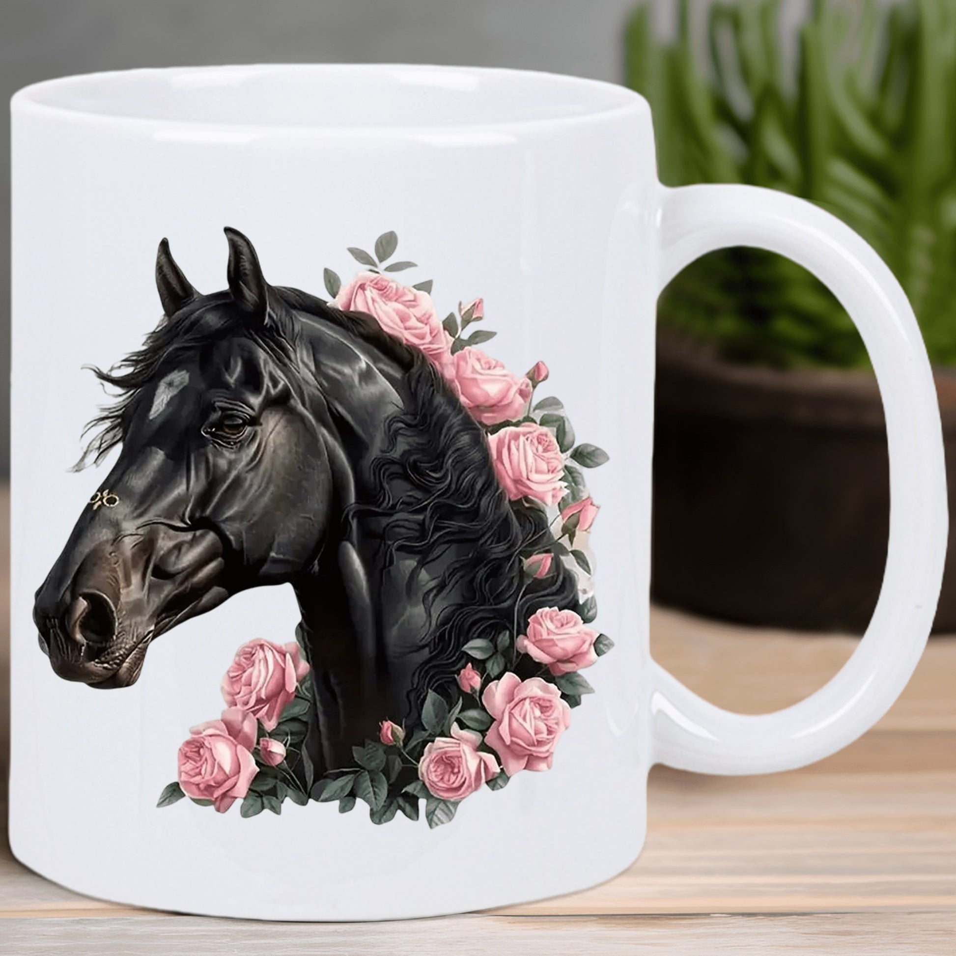 Tailorly White Ceramic 11 oz Mug - Elegant Black Stallion Portrait Amidst Soft Pink Blooming Garden Roses Horse