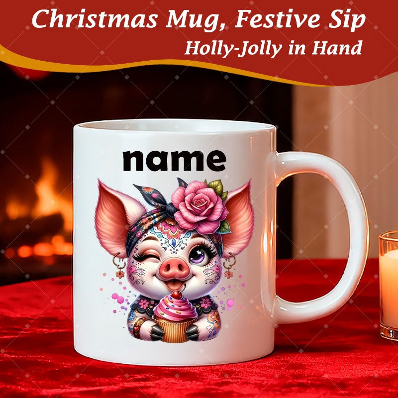 Tailorly White Ceramic 11 oz Mug - Name Winking Pink Piglet Wearing Floral Headband And Enjoying Festive Sweet Cupcake Pig