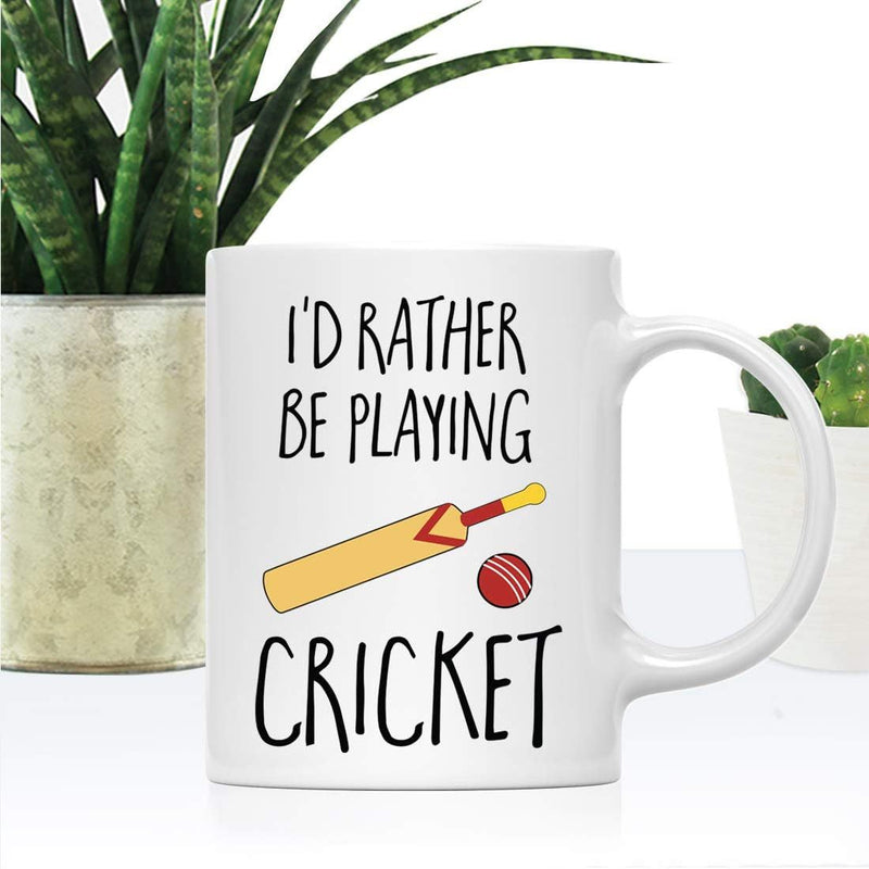 Tailorly White Ceramic 11 oz Mug - Id Rather Be Playing Cricket Minimalist Illustrations Of A Wooden Bat And Red Ball Cricket