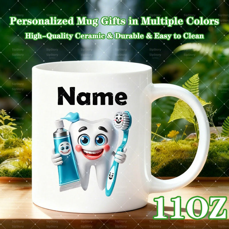Tailorly White Ceramic 11 oz Mug - Name Smiling Cartoon Character Holding Blue Toothpaste And Toothbrush In Garden Tooth