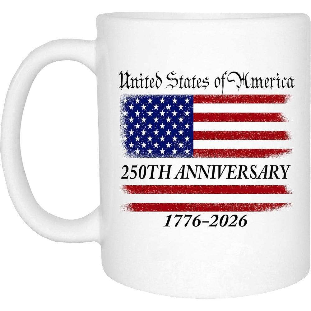 Tailorly White Ceramic 11 oz Mug - United States Of America 250th Anniversary 1776 2026 Distressed Rustic Patriotic Stars And Stripes Artistic Painted Style Flag