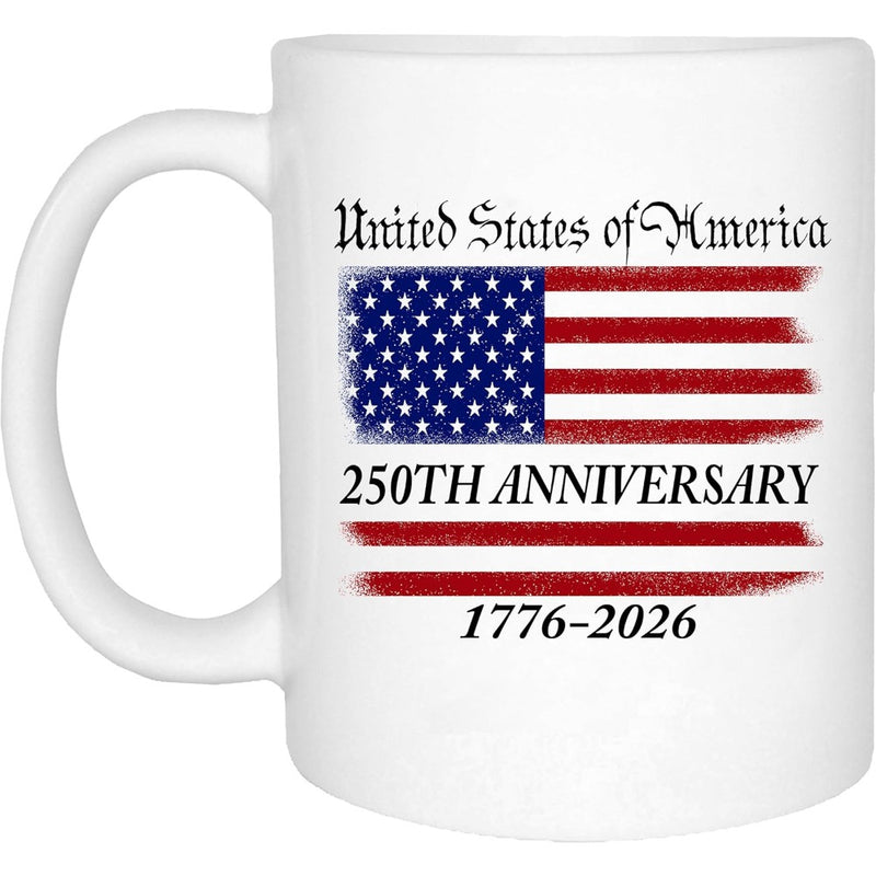 Tailorly White Ceramic 11 oz Mug - United States Of America 250th Anniversary 1776 2026 Distressed Rustic Patriotic Stars And Stripes Artistic Painted Style Flag