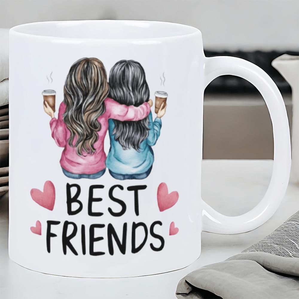 Tailorly White Ceramic 11 oz Mug - Best Friends Two Girls Sitting Together Holding Hot Coffee Surrounded By Small Hearts Friend