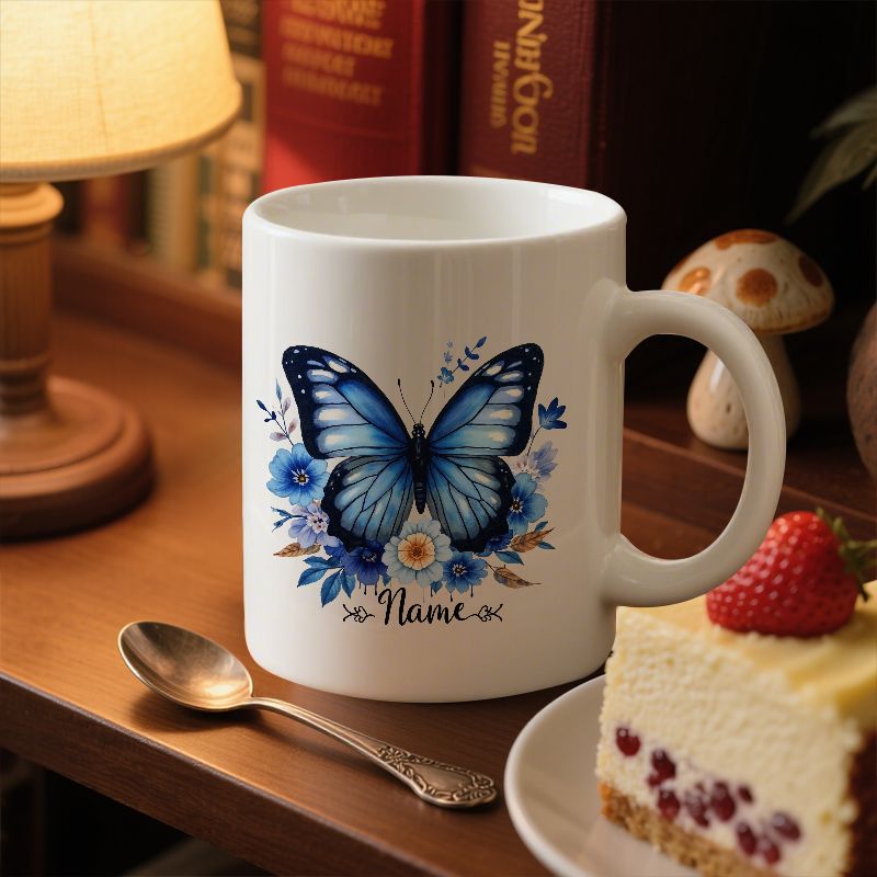Tailorly White Ceramic 11 oz Mug - Name Elegant Blue Butterfly Resting Among Delicate Floral Accents And Blooms Butterfly