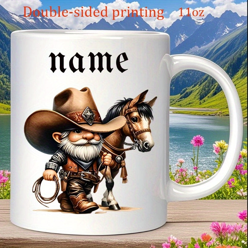 Tailorly White Ceramic 11 oz Mug - Name Bearded Western Cowboy Character Leading A Small Brown Riding Horse Gnome
