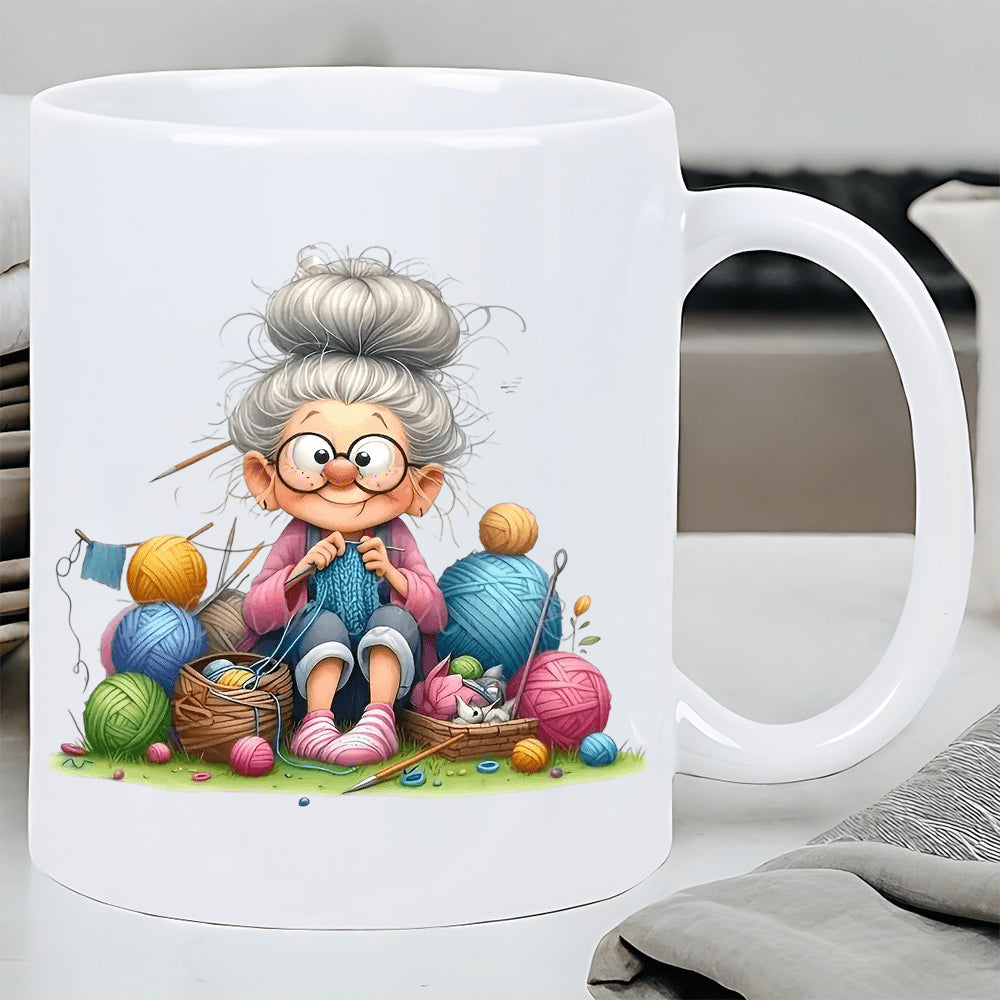 Tailorly White Ceramic 11 oz Mug - Adorable Elderly Woman Knitting Among Vibrant Colorful Balls Of Yarn Grandmother