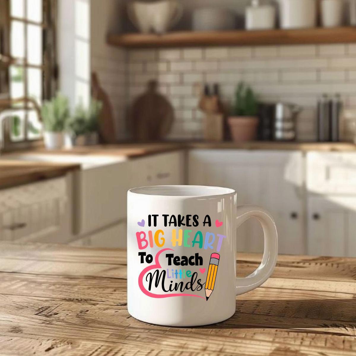 Tailorly White Ceramic 11 oz Mug - It Takes A Big Heart To Teach Minds Vibrant Rainbow Tones Featuring A Small Decorative Yellow Pencil Heart