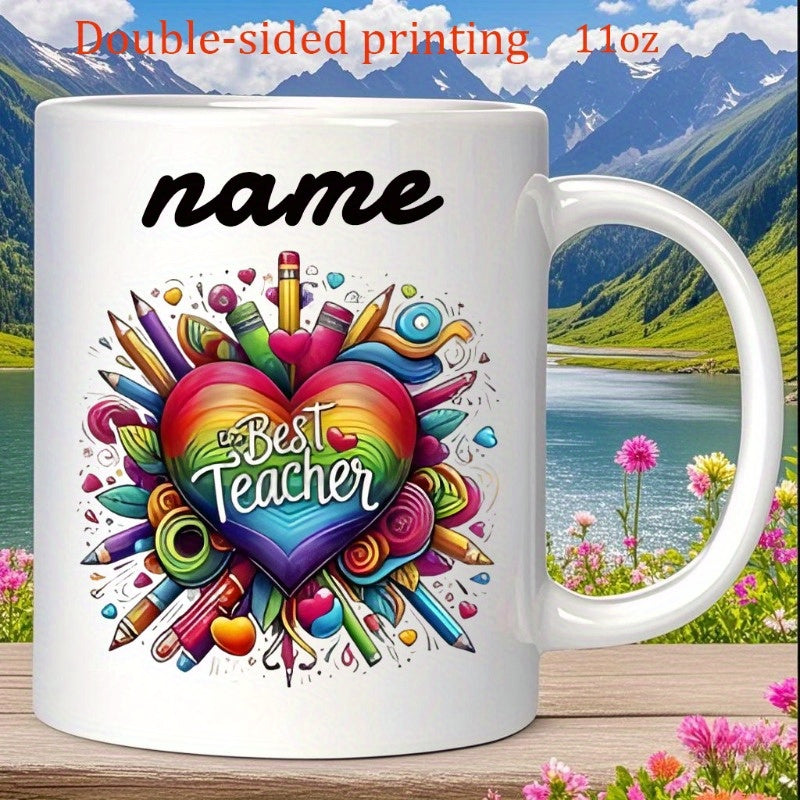 Tailorly White Ceramic 11 oz Mug - Best Teacher Vibrant Rainbow Design Surrounded By Colorful Educational Pencils And School Supplies Heart