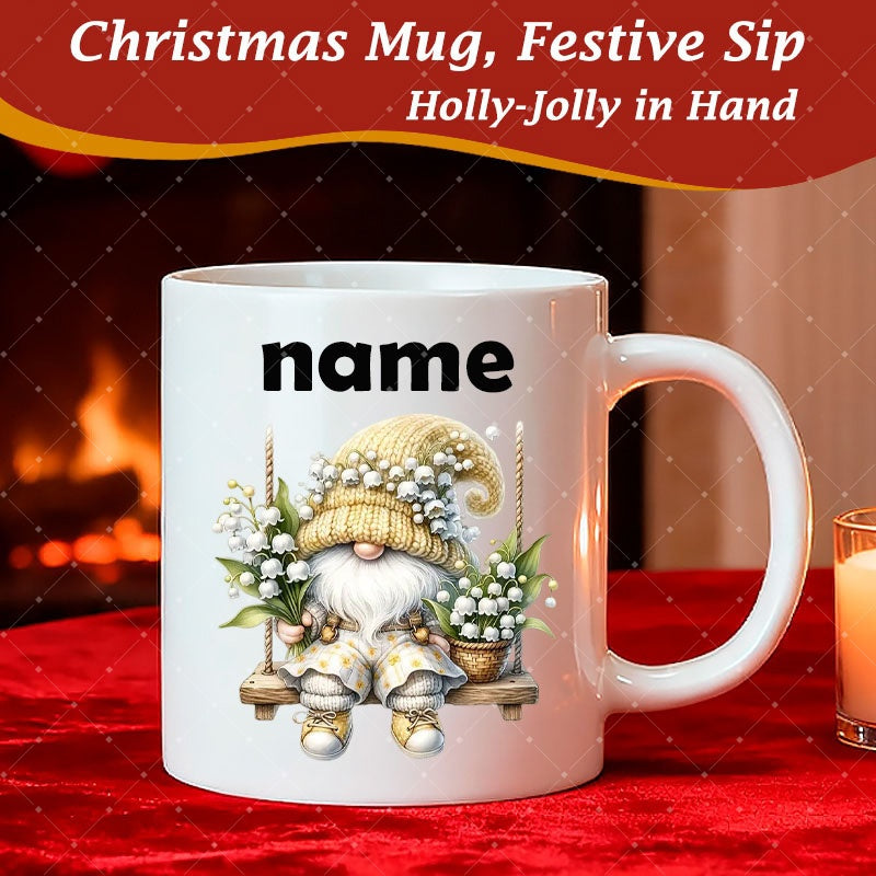 Tailorly White Ceramic 11 oz Mug - Name Adorable Whimsical Christmas Sitting On A Swing Holding Flowers Festive Gnome