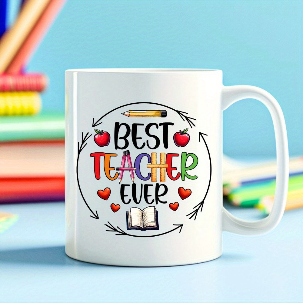 Tailorly White Ceramic 11 oz Mug - Best Teacher Ever Educational Stationery Theme Featuring Apples Hearts And An Open Book Mug