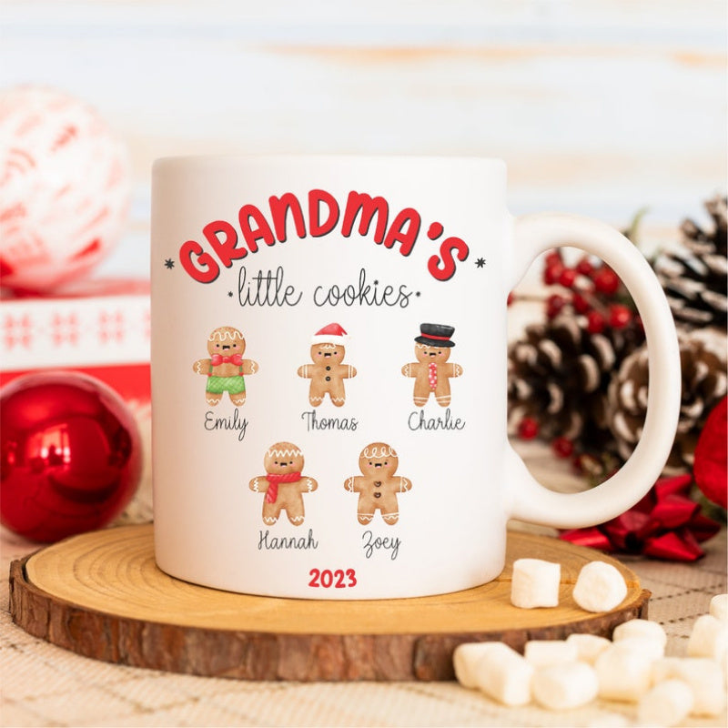 Tailorly White Ceramic 11 oz Mug - Grandmas Little Cookies Five Adorable Christmas Themed Cookies Dressed In Tiny Festive Winter Outfits Gingerbread Man