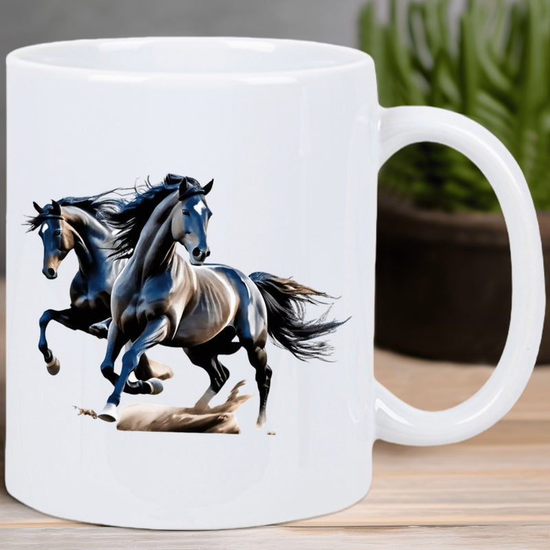 Tailorly White Ceramic 11 oz Mug - Powerful Galloping Wild Stallions Racing Across A Dust Kicked Open Field Horse