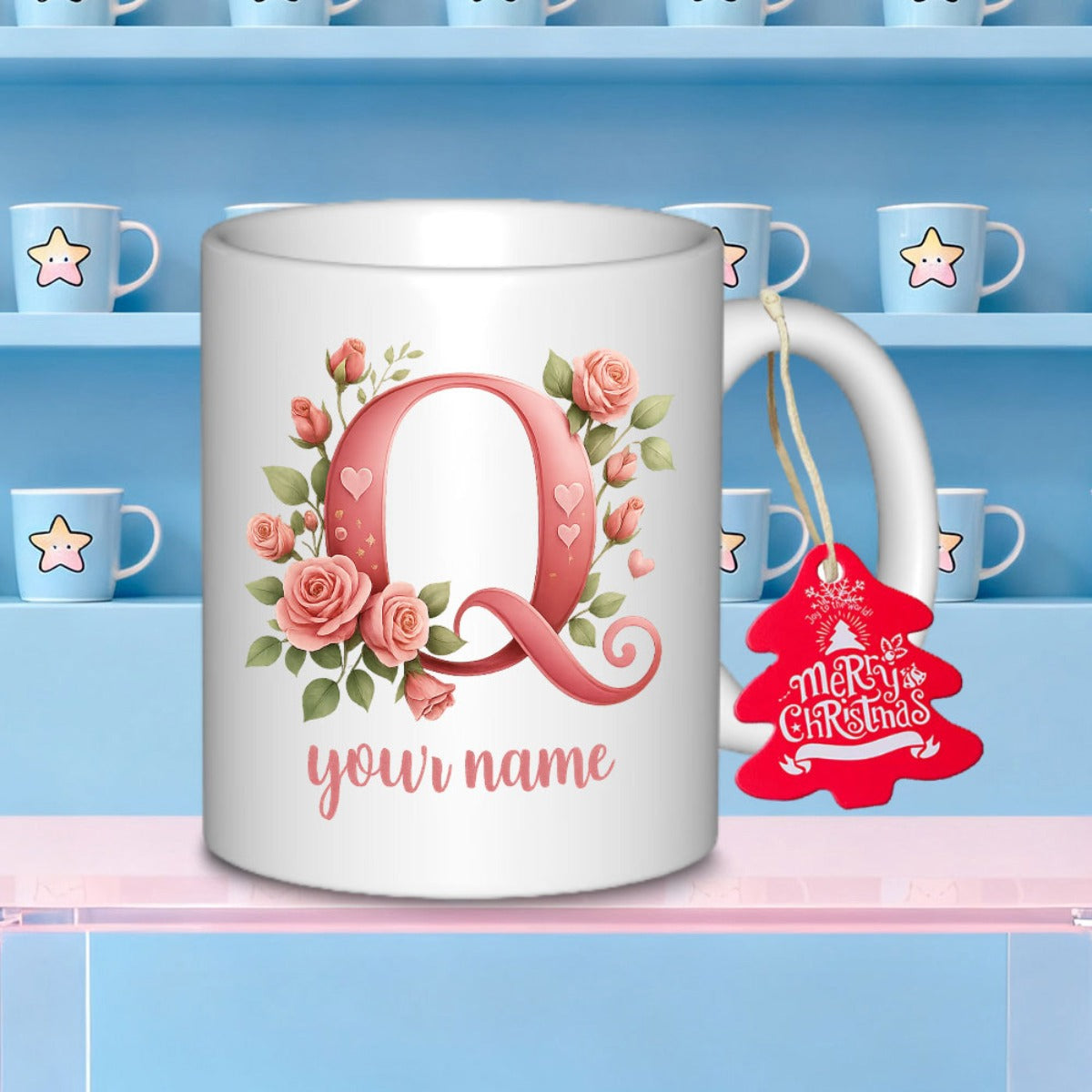 Tailorly White Ceramic 11 oz Mug - Your Name Merry Christmas Elegant Pink Initial Surrounded By Delicate Blooming Roses And Leaves Letter