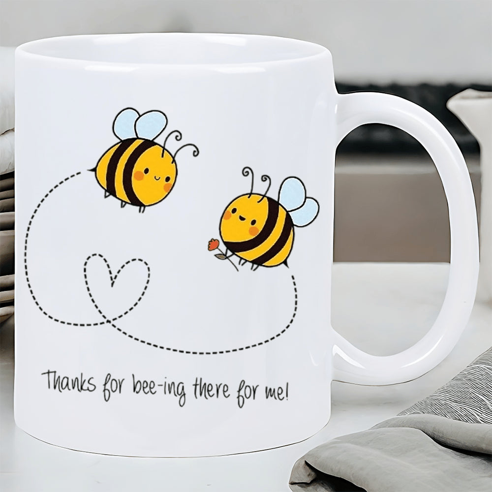 Tailorly White Ceramic 11 oz Mug - Thanks For Beeing There For Me Flying Cute Cartoon Bees With Heart Shaped Dotted Trails Holding Small Flower Bee