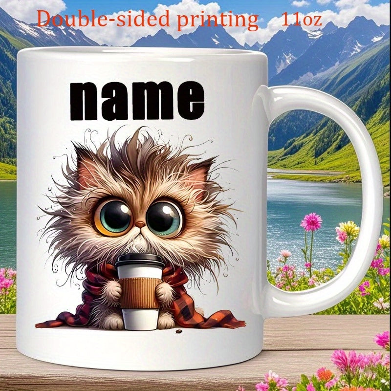 Tailorly White Ceramic 11 oz Mug - Name Fluffy Messy Kitten Wrapped In Plaid Blanket Holding Coffee Cup Cat