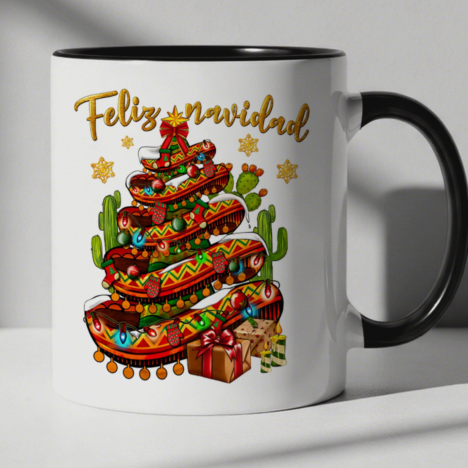 Tailorly Black Accent 11 oz Mug - vibrant pyramid and cactus design