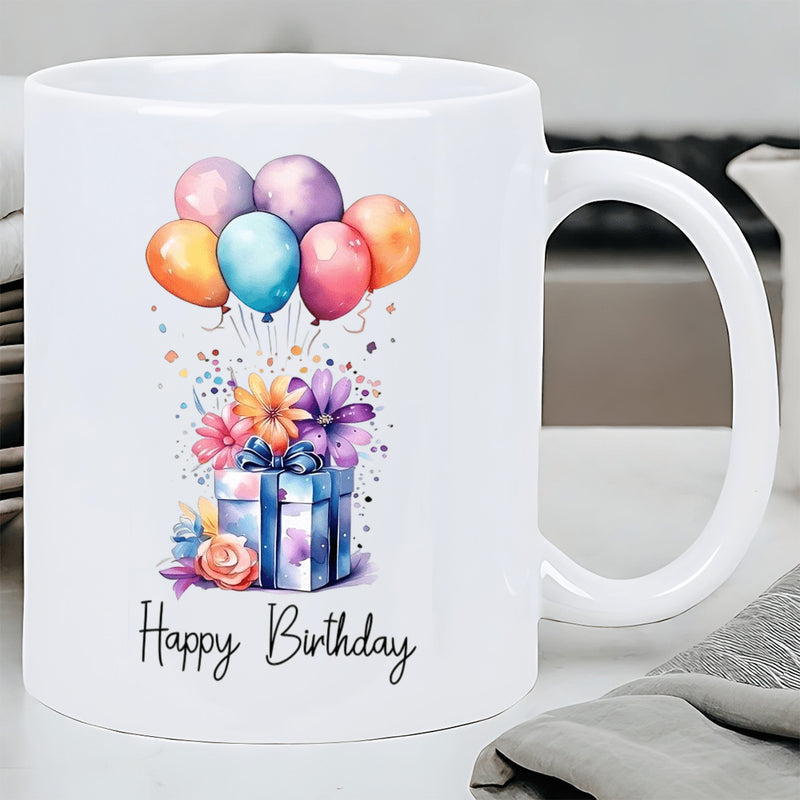 Tailorly White Ceramic 11 oz Mug - Happy Birthday Vibrant Colorful Floating Balloons Above A Decorated Festive Gift Box Balloons