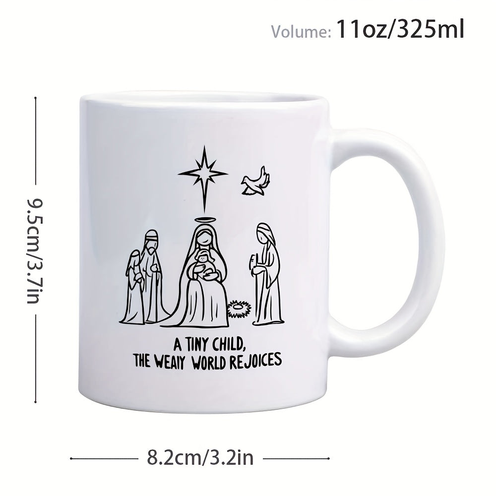 Tailorly White Ceramic 11 oz Mug - A Tiny Child The Weary World Rejoices Minimalist Ink Line Art Of A Sacred Scene Under The Shining Star Nativity
