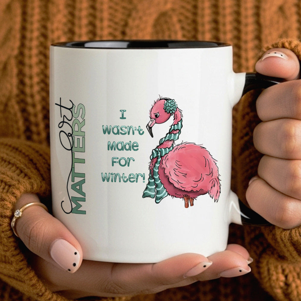 Tailorly Black Accent 11 oz Mug - flamingo themed inspirational text "i wasnt" with cute flamingo pattern