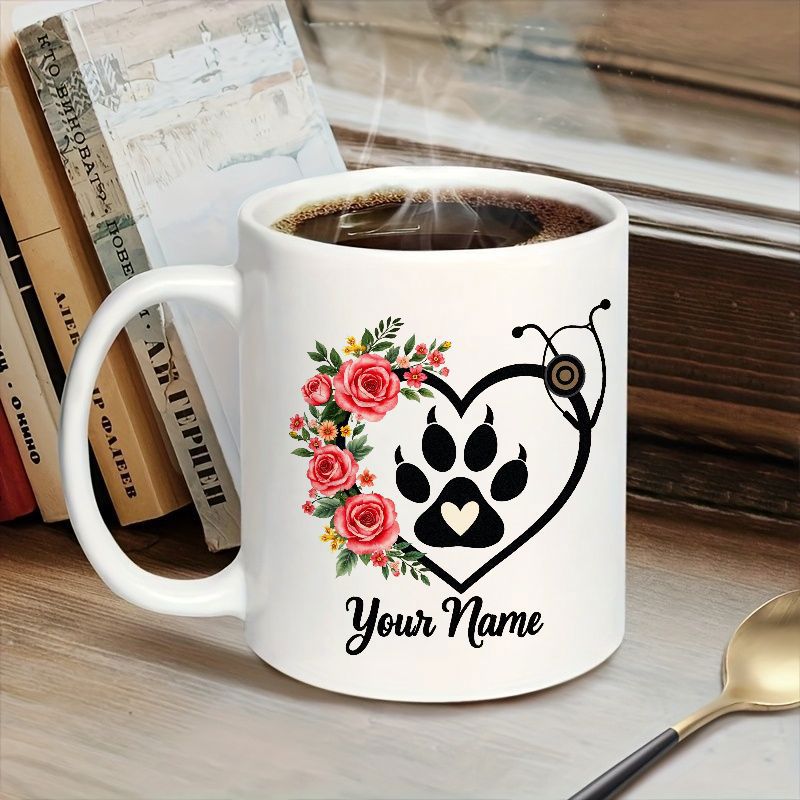 Tailorly White Ceramic 11 oz Mug - Your Name Heart Shaped Floral Arrangement Integrated With Medical Stethoscope Surrounding Small Animal Paw