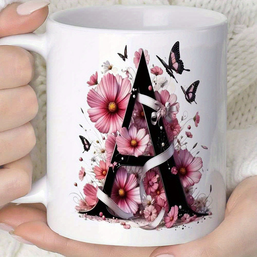 Tailorly White Ceramic 11 oz Mug - A Pink Blooming Flowers With Butterflies Dancing Around A Stylized Letter A