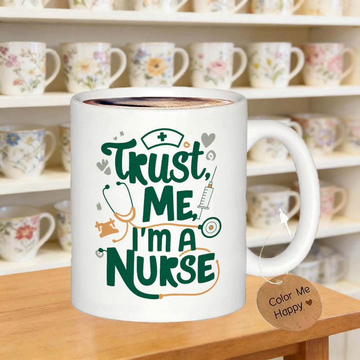 Tailorly White Ceramic 11 oz Mug - Trust Me I'm A Nurse Medical Icons Including Stethoscope And Syringe Among Heart Decorations Nurse
