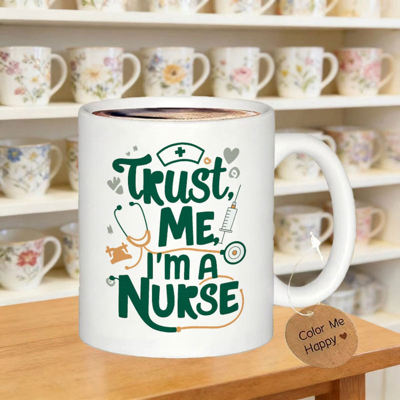 Tailorly White Ceramic 11 oz Mug - Trust Me I'm A Nurse Medical Icons Including Stethoscope And Syringe Among Heart Decorations Nurse