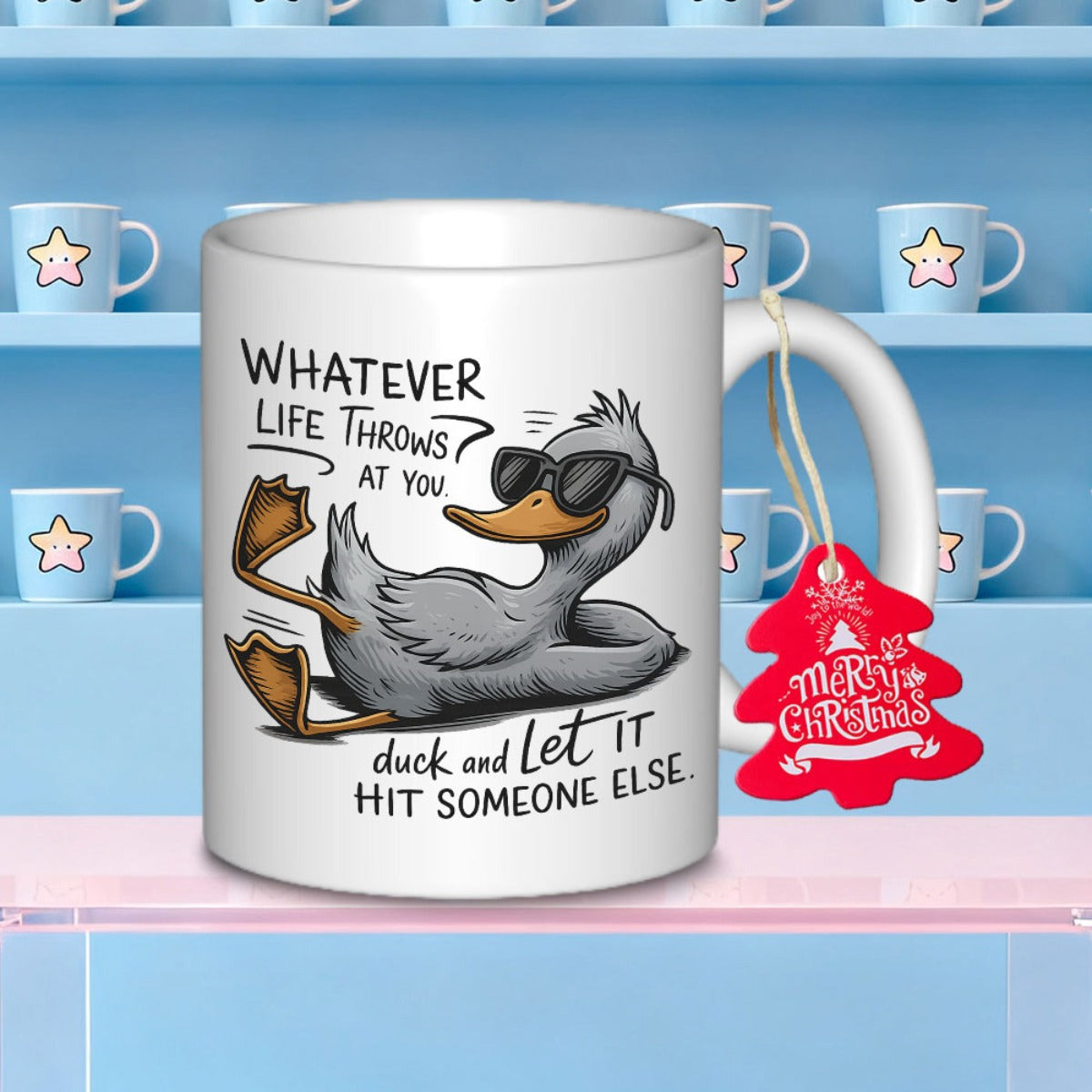 Tailorly White Ceramic 11 oz Mug - Whatever Life Throws At You Duck And Let It Hit Someone Else Lazy Gray Cartoon Duck Wearing Sunglasses Lounging In A Relaxed