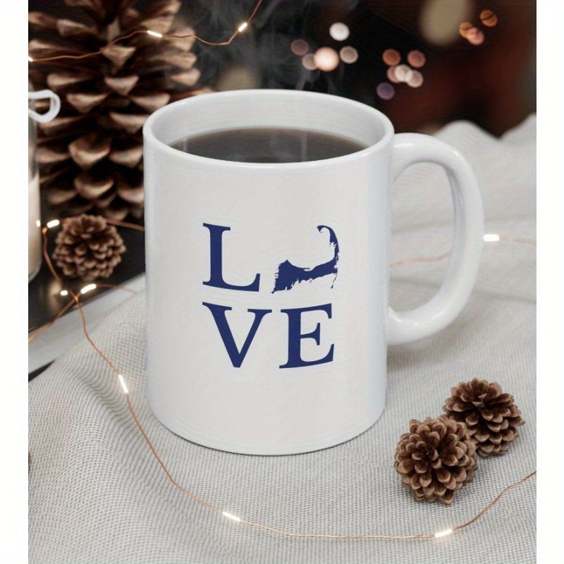 Tailorly White Ceramic 11 oz Mug - Love Minimalist Silhouette Of Cape Cod Coastline Rendered In Deep Blue Mug
