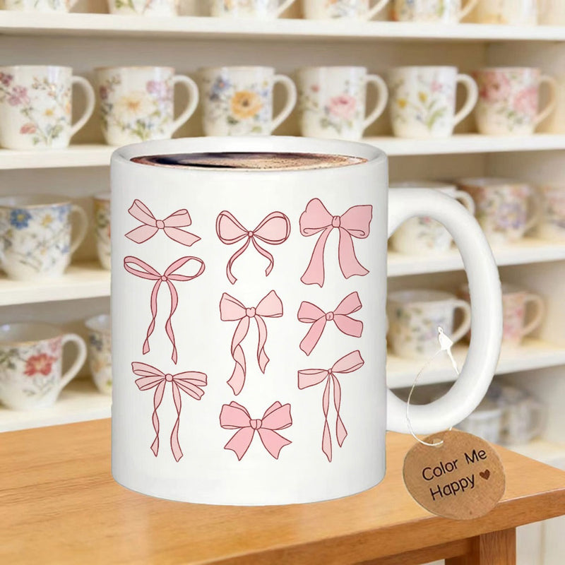 Tailorly White Ceramic 11 oz Mug - Elegant Hand Drawn Pink Coquette Aesthetic Styles Of Decorative Silk Ribbon