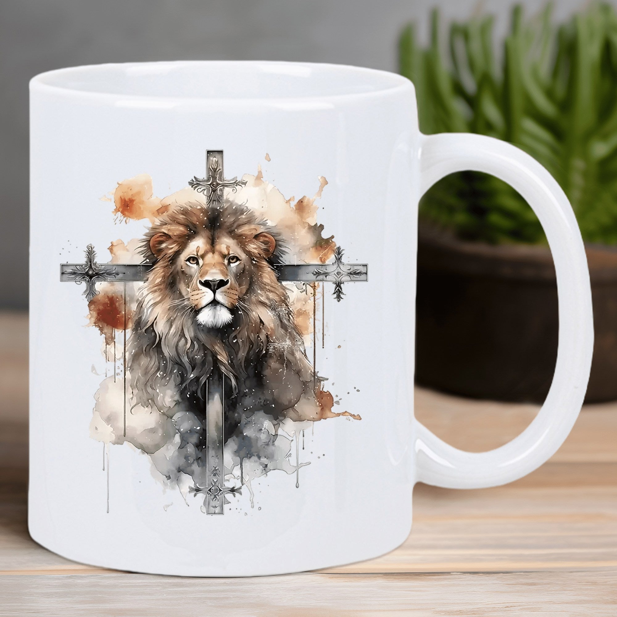 Tailorly White Ceramic 11 oz Mug - Majestic Lion Face With Ornate Cross And Artistic Watercolor Splatter Lion