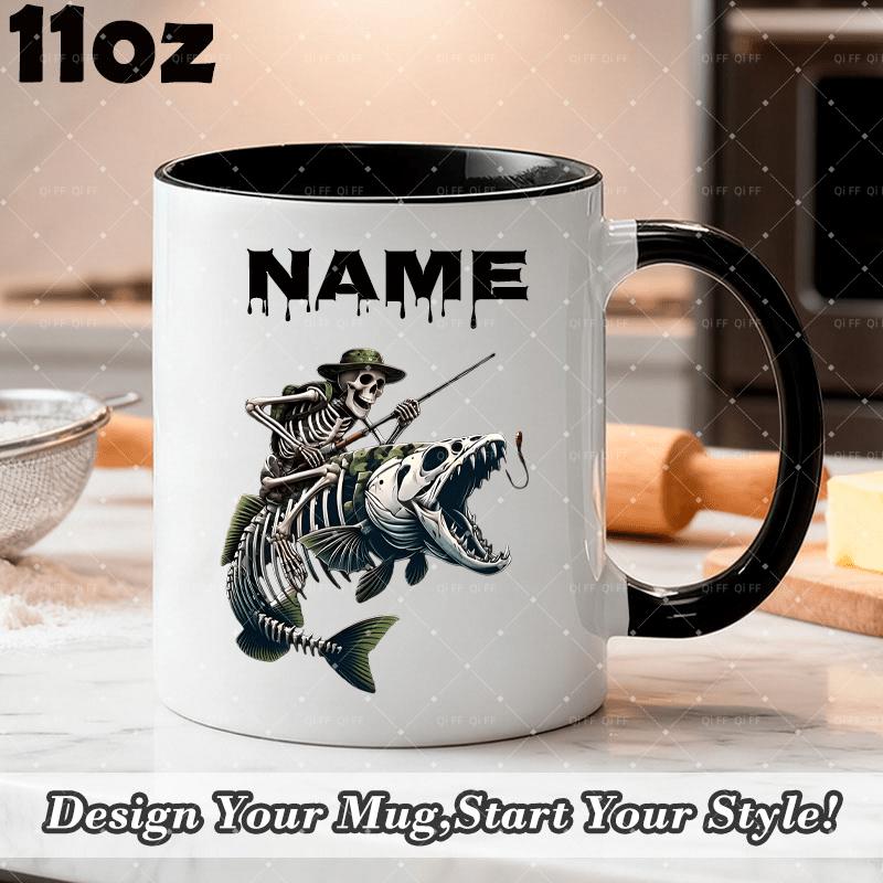 Tailorly Black Accent 11 oz Mug - skull angler riding fishbone design