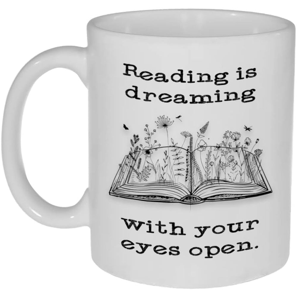 Tailorly White Ceramic 11 oz Mug - Reading Is Dreaming With Your Eyes Open Detailed Line Art Sketch Of Wildflowers Growing From An Open Vintage Book