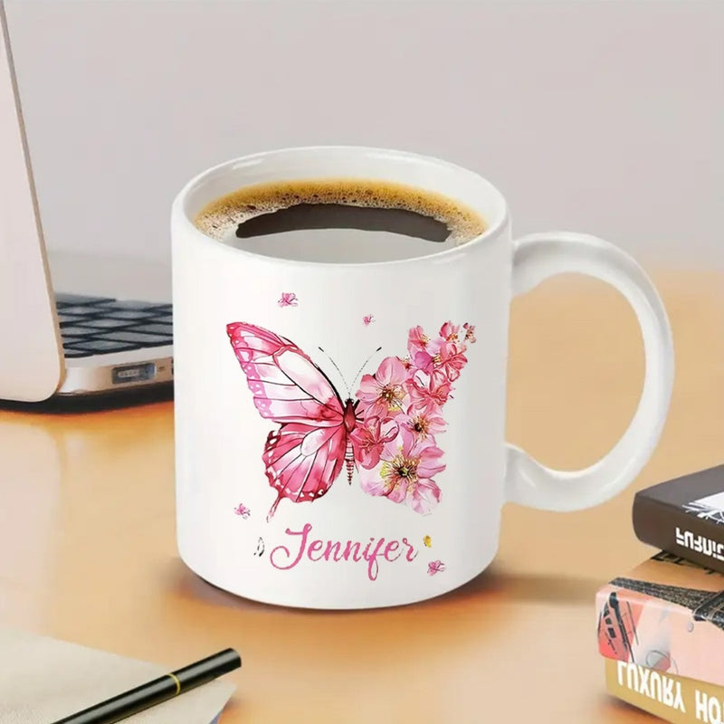 Tailorly White Ceramic 11 oz Mug - Jennifer Elegant Pink Watercolor Floral Wings With Delicate Cherry Blossom Petals Flying Butterfly
