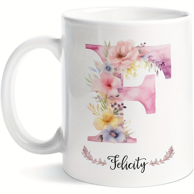 Tailorly White Ceramic 11 oz Mug - Felicity Floral Watercolor Alphabet Initial Letter Decorated With Soft Pastel Blooming Garden Flower