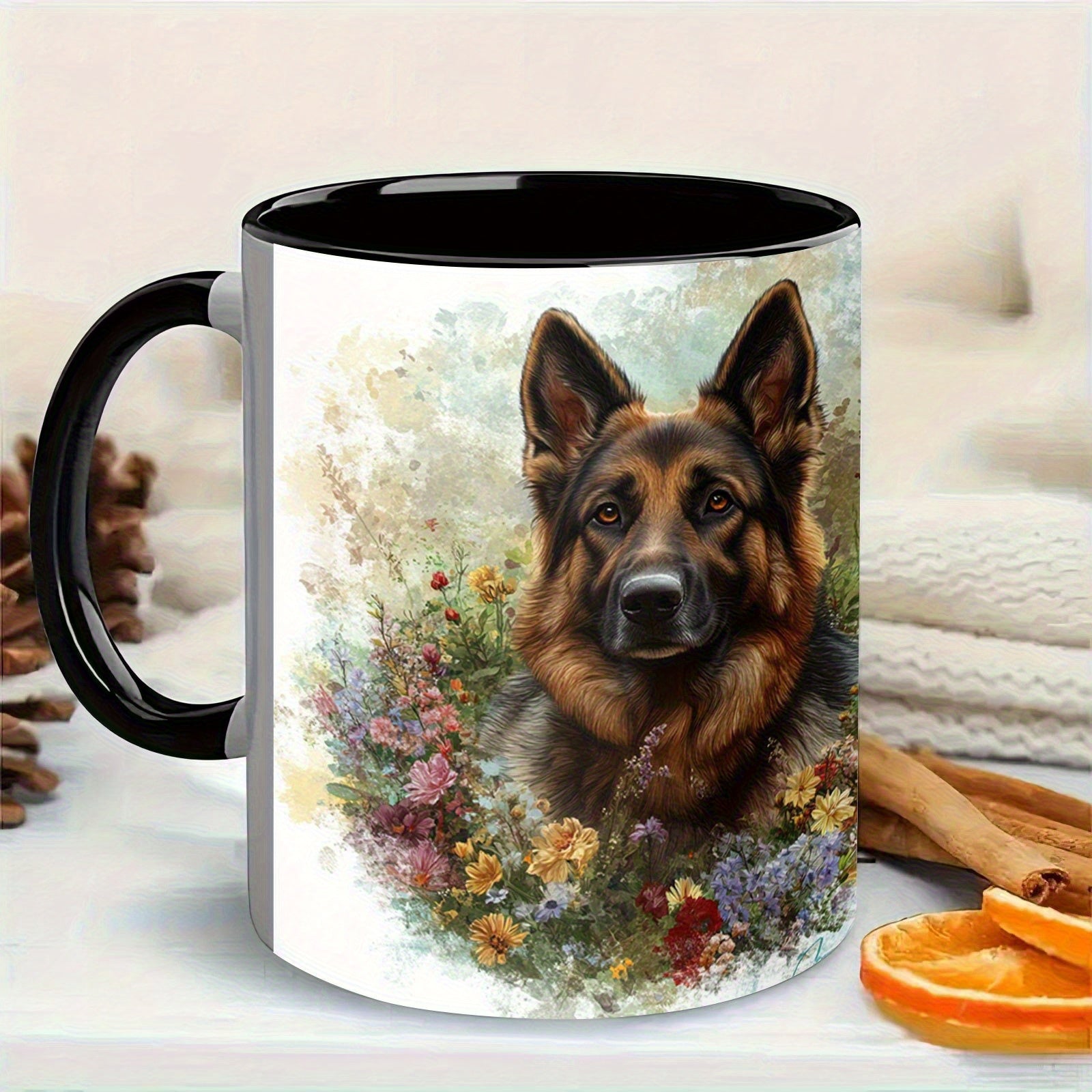 Tailorly Black Accent 11 oz Mug - german shepherd dog floral