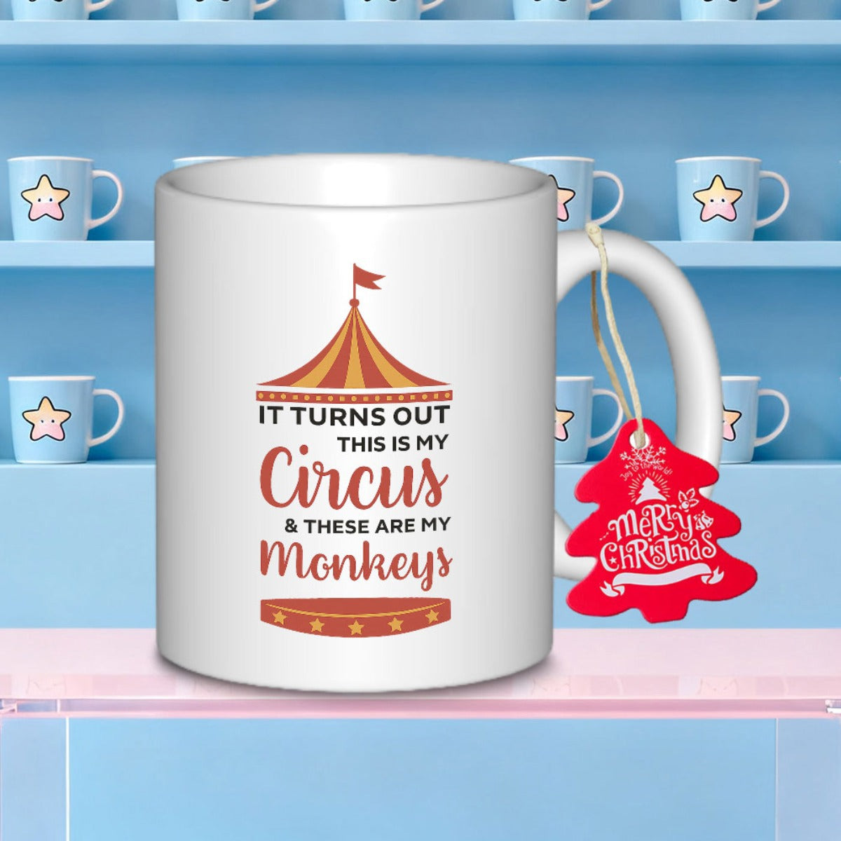 Tailorly White Ceramic 11 oz Mug - It Turns Out This Is My Circus And These Are My Monkeys Striped Red And Yellow Carnival Big Top Performance Tent