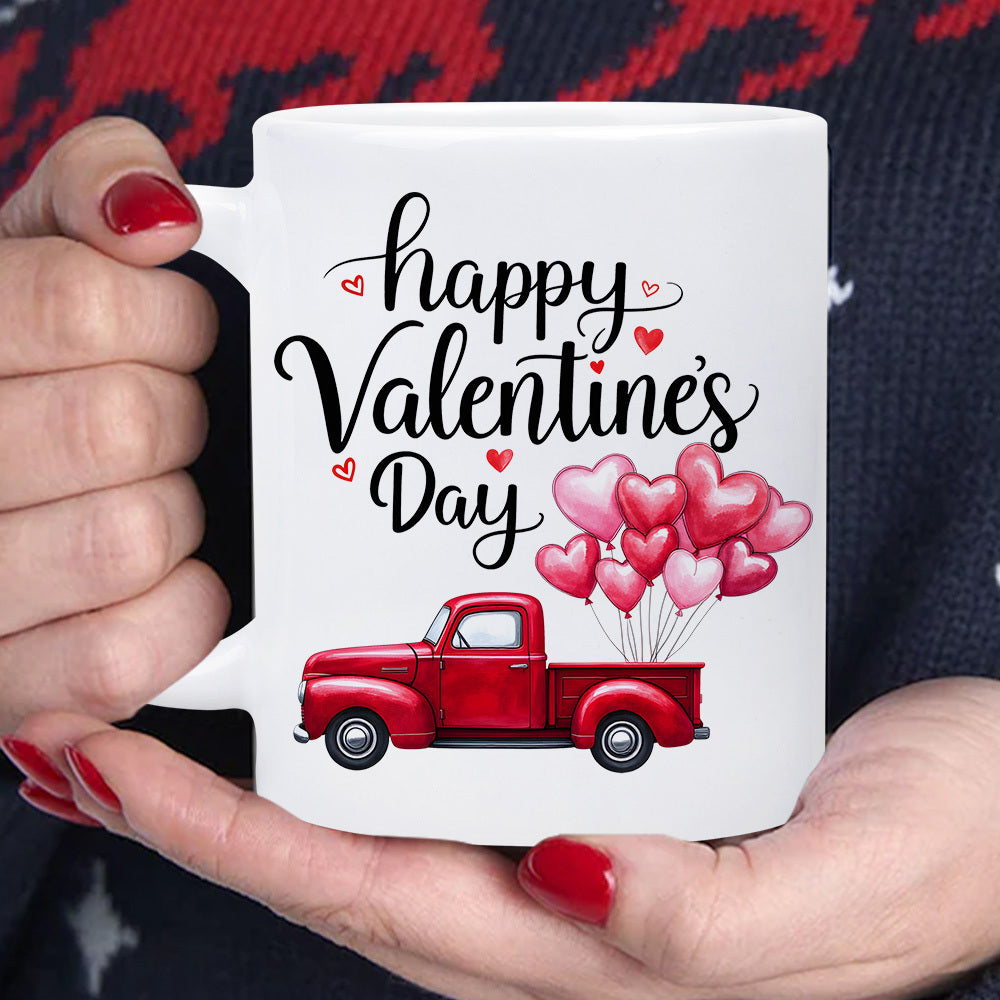 Tailorly White Ceramic 11 oz Mug - Happy Valentine's Day Vintage Red Pickup Truck Carrying Heart Shaped Balloons For Romantic Holiday Truck
