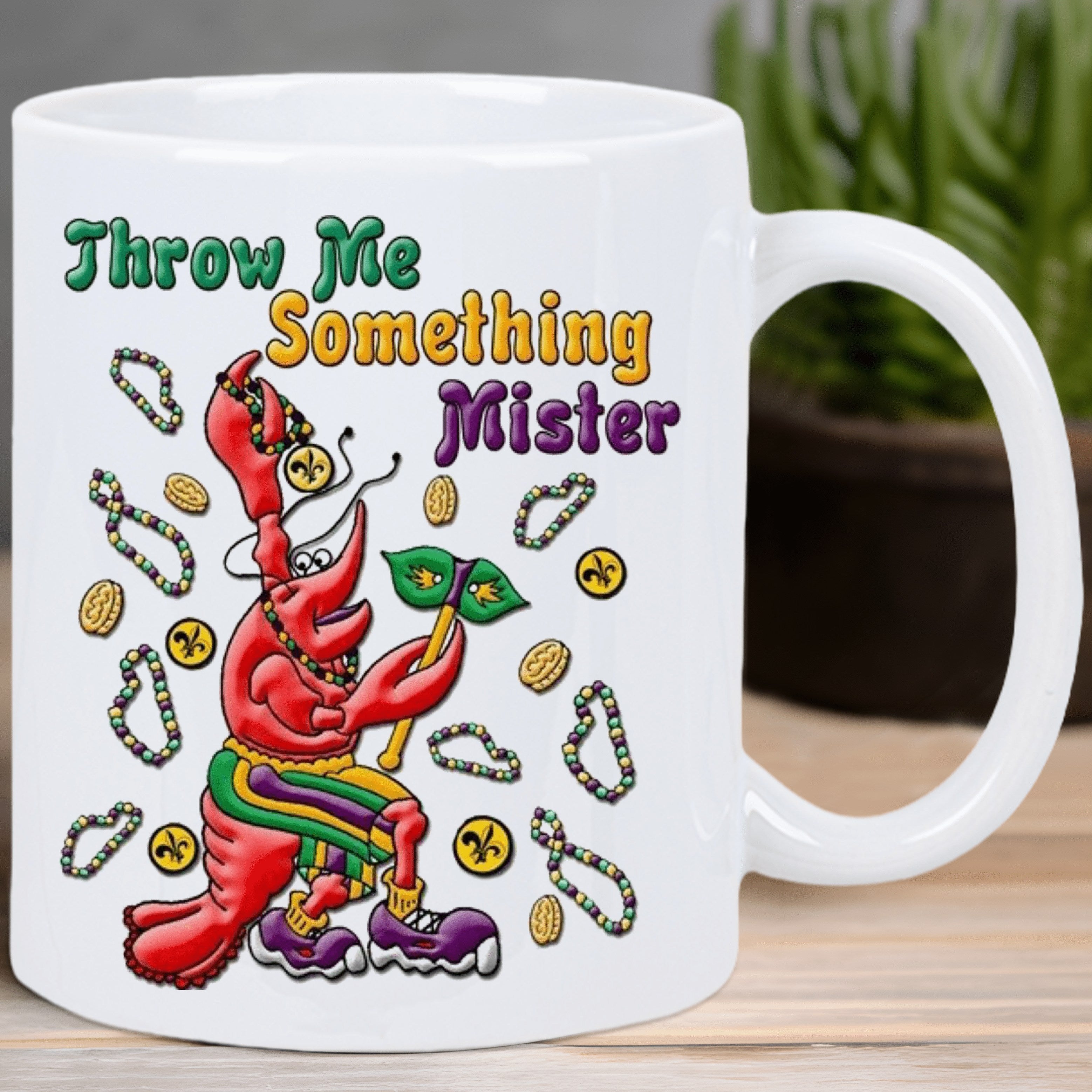 Tailorly White Ceramic 11 oz Mug - Throw Me Something Mister Vibrant Cartoon Creature Wearing Mardi Gras Beads Holding Festive Mask Crawfish