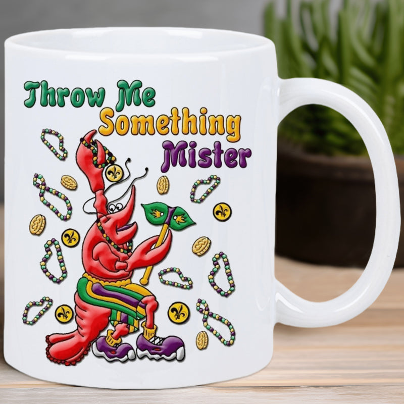 Tailorly White Ceramic 11 oz Mug - Throw Me Something Mister Vibrant Cartoon Creature Wearing Mardi Gras Beads Holding Festive Mask Crawfish